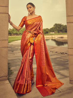 Rajwada Orange Handloom Woven Silk Blend Saree for Women With Unstitched Blouse