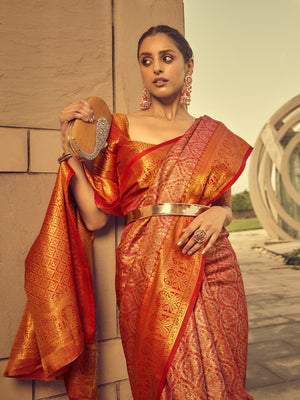 Rajwada Orange Handloom Woven Silk Blend Saree for Women With Unstitched Blouse