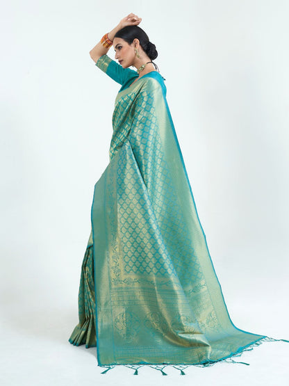Rajwada Teal Silk Blend Woven Saree With Unstitched Blouse For Women