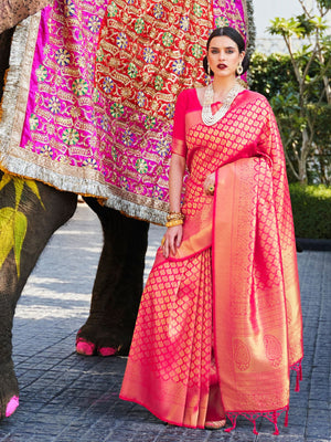 Rajwada Pink Woven Design Silk Blend Saree With Unstitched Blouse For Women
