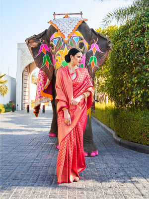 Rajwada Pink Woven Design Silk Blend Saree With Unstitched Blouse For Women