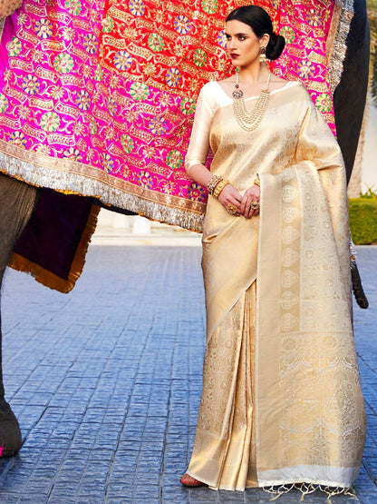 Rajwada Cream Woven Design Silk Blend Saree With Unstitched Blouse For Women