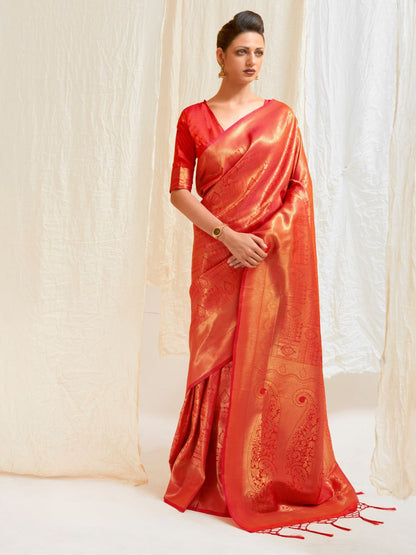 Rajwada Red Silk Blend Woven Saree With Unstitched Blouse For Women