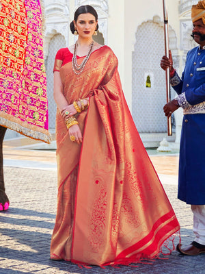 Rajwada Red Woven Design Silk Blend Saree With Unstitched Blouse For Women
