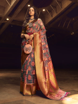 Rajwada Pink Handloom Woven Silk Blend Saree For Women