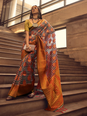 Rajwada Orange Handloom Woven Silk Blend Saree For Women