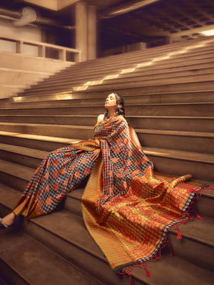 Rajwada Orange Handloom Woven Silk Blend Saree For Women