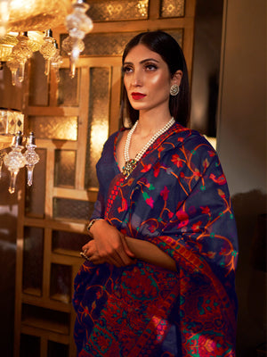 Rajwada Navy Blue Printed Silk Blend Saree With Unstitched Blouse For Women