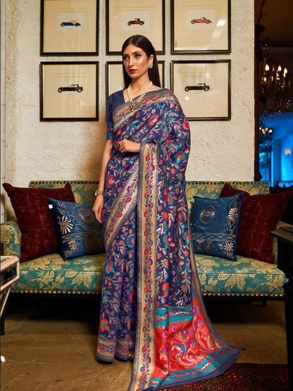 Rajwada Navy Blue Printed Silk Blend Saree With Unstitched Blouse For Women