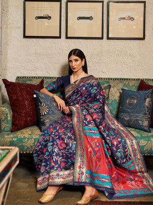 Rajwada Navy Blue Printed Silk Blend Saree With Unstitched Blouse For Women