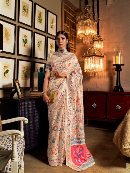 Rajwada Off White Printed Silk Blend Saree With Unstitched Blouse For Women