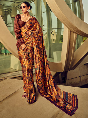 Rajwada Brown Digital Printed Saree For Women