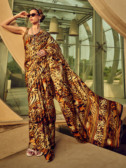 Rajwada Brown Digital Printed Saree For Women