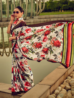 Rajwada Off White Digital Printed Saree For Women