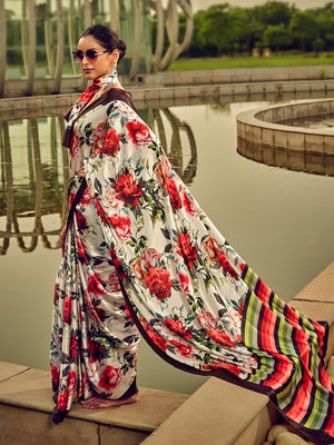 Rajwada Off White Digital Printed Saree For Women