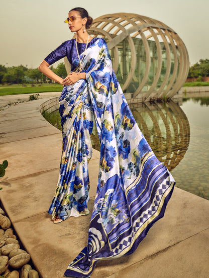 Rajwada Off White And Blue Digital Printed Saree For Women