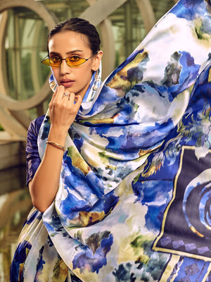 Rajwada Off White And Blue Digital Printed Saree For Women