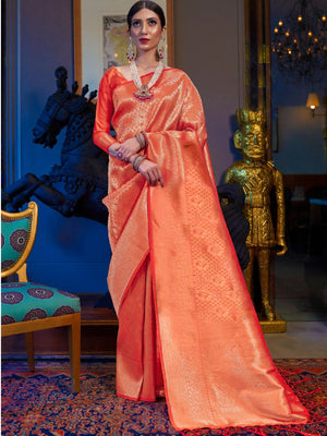 Rajwada Orange Woven Design Silk Blend Saree With Unstitched Blouse For Women