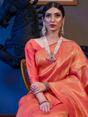 Rajwada Orange Woven Design Silk Blend Saree With Unstitched Blouse For Women