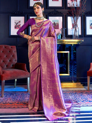 Rajwada Purple Woven Design Silk Blend Saree With Unstitched Blouse For Women
