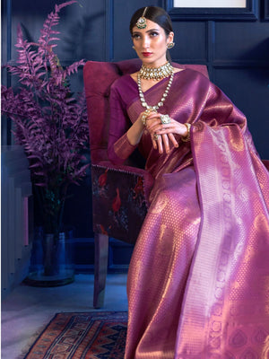 Rajwada Purple Woven Design Silk Blend Saree With Unstitched Blouse For Women