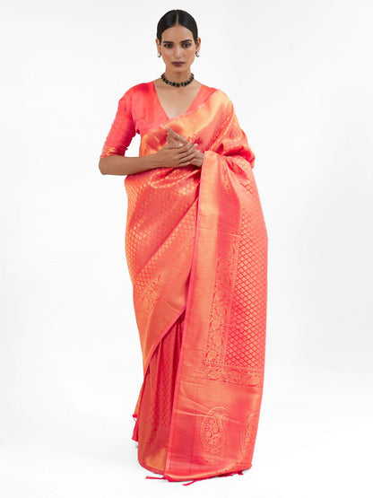 Rajwada Peach Silk Blend Woven Saree With Unstitched Blouse For Women