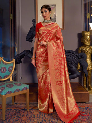 Rajwada Red Woven Design Silk Blend Saree With Unstitched Blouse For Women