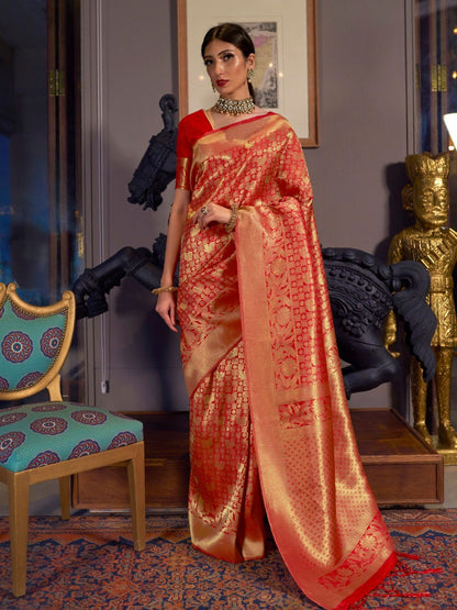 Rajwada Red Woven Design Silk Blend Saree With Unstitched Blouse For Women