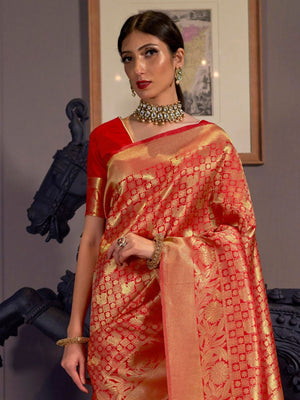 Rajwada Red Woven Design Silk Blend Saree With Unstitched Blouse For Women