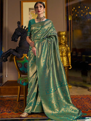 Rajwada Green Woven Design Silk Blend Saree With Unstitched Blouse For Women