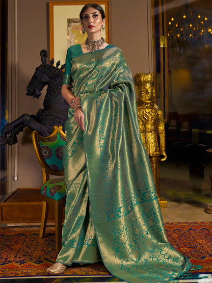 Rajwada Green Woven Design Silk Blend Saree With Unstitched Blouse For Women