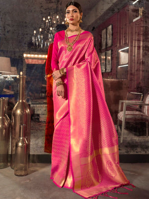 Rajwada Pink Woven Design Silk Blend Saree With Unstitched Blouse For Women