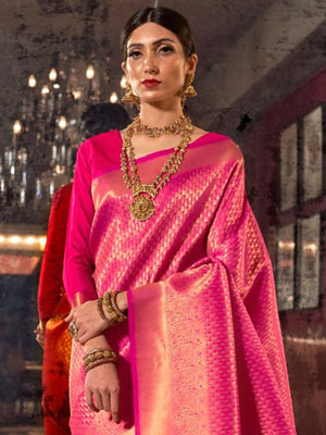 Rajwada Pink Woven Design Silk Blend Saree With Unstitched Blouse For Women
