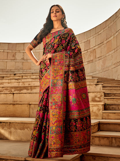 Rajwada Black Kashmiri Handloom Woven Saree For Women