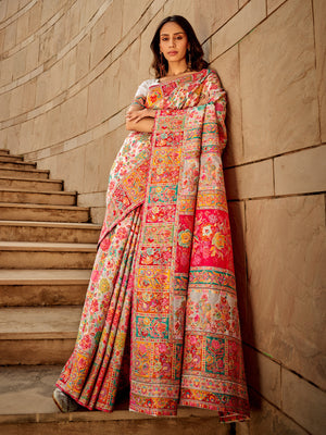 Rajwada Off White Kashmiri Handloom Woven Saree For Women