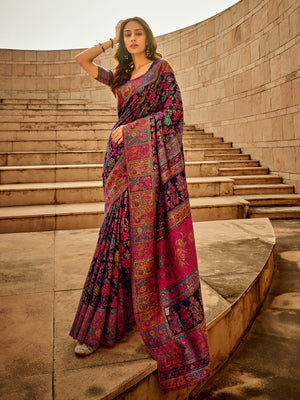 Rajwada Navy Blue Kashmiri Handloom Woven Saree For Women