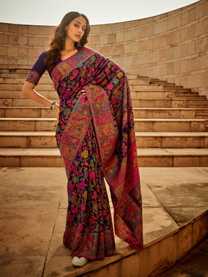 Rajwada Navy Blue Kashmiri Handloom Woven Saree For Women