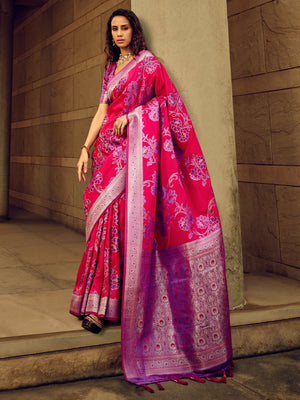 Rajwada Magenta Handloom Woven Satin Saree For Women
