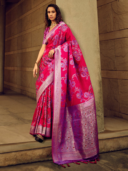 Rajwada Magenta Handloom Woven Satin Saree For Women