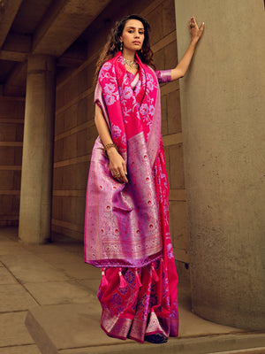Rajwada Magenta Handloom Woven Satin Saree For Women