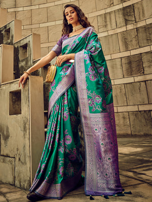 Rajwada Teal Handloom Woven Satin Saree For Women