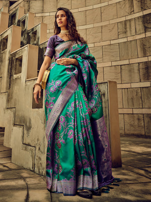 Rajwada Teal Handloom Woven Satin Saree For Women