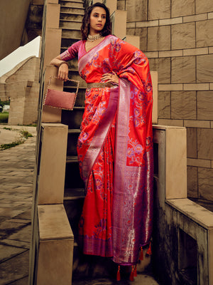 Rajwada Orange Handloom Woven Satin Saree For Women