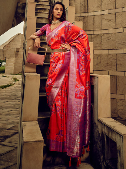 Rajwada Orange Handloom Woven Satin Saree For Women
