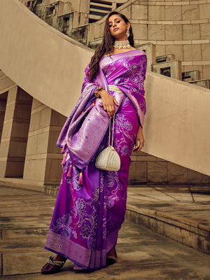 Rajwada Purple Handloom Woven Satin Saree For Women