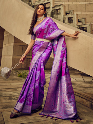 Rajwada Purple Handloom Woven Satin Saree For Women
