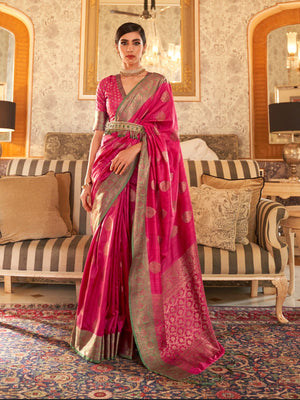 Rajwada Pink Woven Design Silk Blend Saree With Unstitched Blouse For Women
