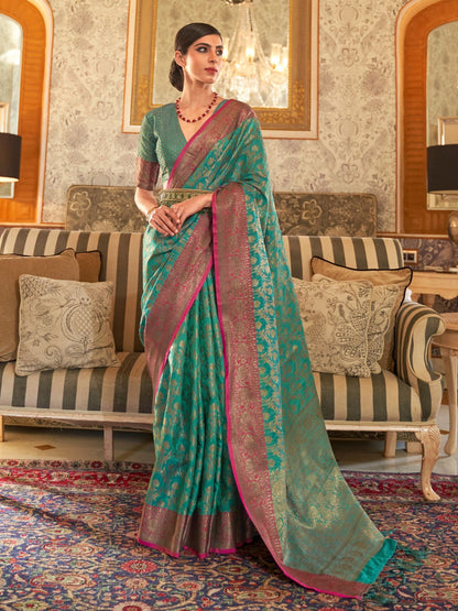 Rajwada Green Woven Design Silk Blend Saree With Unstitched Blouse For Women