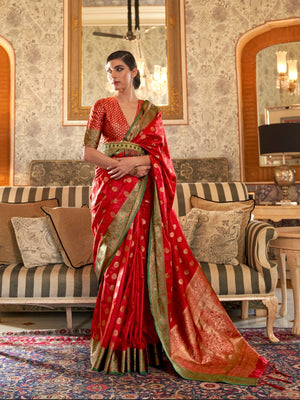 Rajwada Red Woven Design Silk Blend Saree With Unstitched Blouse For Women