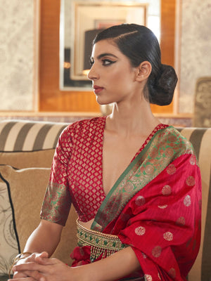Rajwada Red Woven Design Silk Blend Saree With Unstitched Blouse For Women